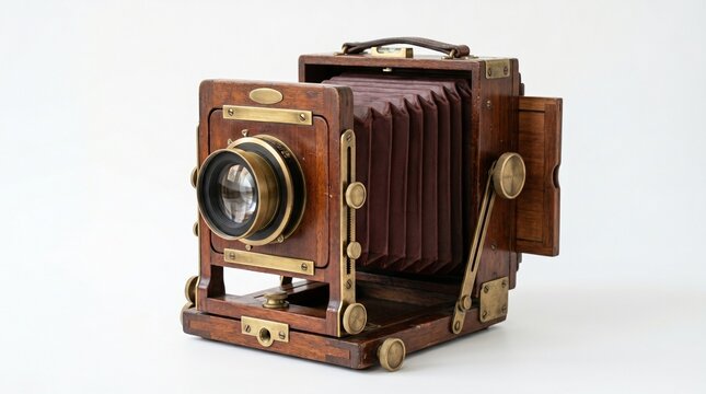 Antique Wooden Bellows Camera Vintage Photography Equipment on White Background