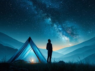 Obraz premium Person stands near a tent under a starry sky at night in the mountains, enjoying the view and nature as the Milky Way shines brightly above