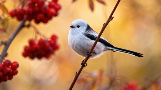 Bird perched on branch with red berries