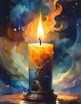 Magical glowing potion bottle with fire inside.