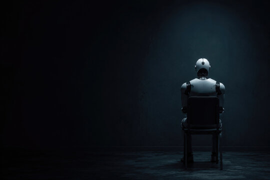 Humanoid robot sits alone in a dark room. Space for text.