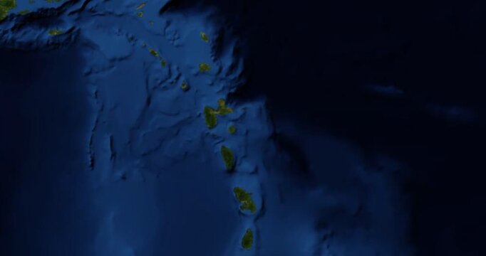 Marie-Galante on Globe. Zoom into the island with Earth spinning in space. High detail physical world map with Marie-Galante on it. Elements of this image furnished by NASA.