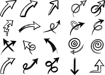 Fototapeta premium Collection of hand-drawn black arrows and swirls white background