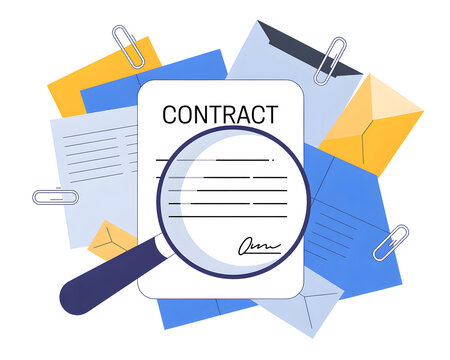 Flat design illustration featuring a contract document examined under a magnifying glass, surrounded by envelopes and paper clips. Concept of legal agreement and review.