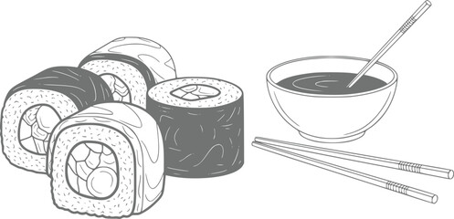 Delicious sushi rolls with soy sauce and chopsticks line © Milon