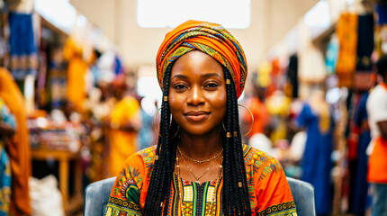 Obraz premium A woman with long braids and a colorful headwrap sitting in a vibrant market or store with various clothing and textiles on display 4k