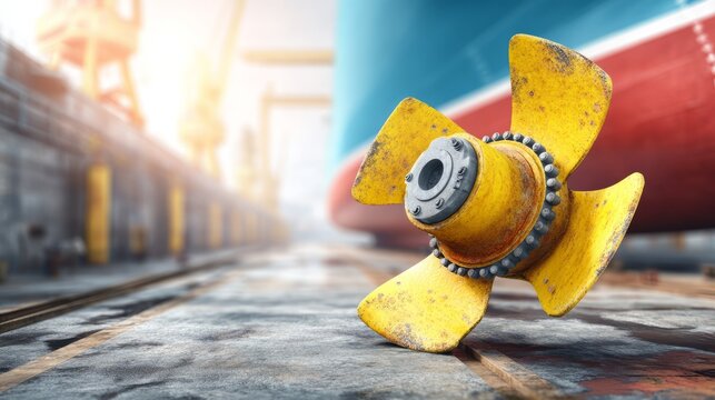 Yellow Metal Ship Propeller Blade on Dock with Large Ship Hull Background