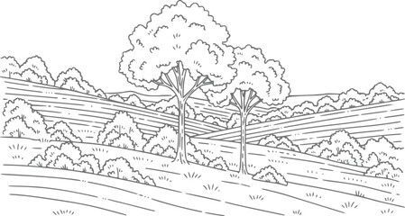 Stylized line of a rolling landscape with trees and fields © Milon