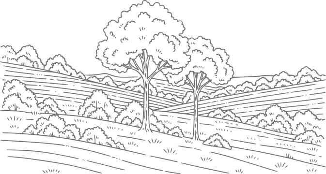 Stylized line of a rolling landscape with trees and fields