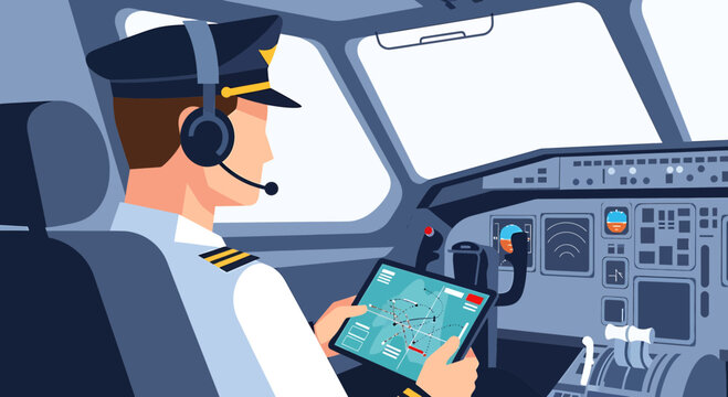 Pilot in cockpit using tablet with flight plan, modern aircraft interior, navigation screen