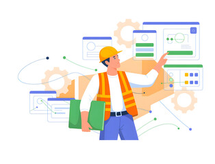 Fototapeta premium Flat design illustration of a construction engineer in a hard hat and safety vest managing technical data, digital project screens, and gears. Concept of industrial management.