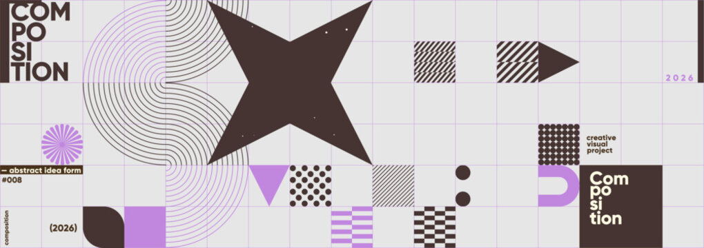 Abstract geometric composition featuring bold shapes and patterns in a modern design. The illustration uses a grid layout with contrasting colors and textures, creating visual interest.