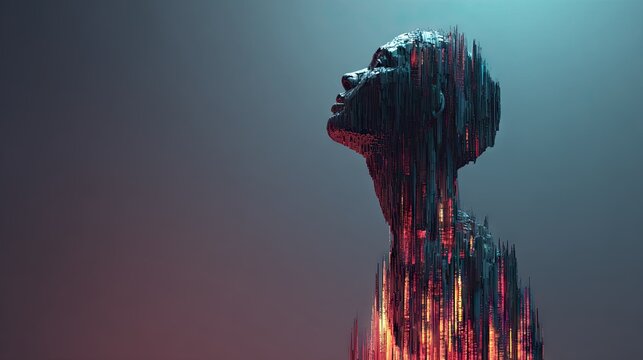 Side profile of person dissolving into vertical digital pixels.