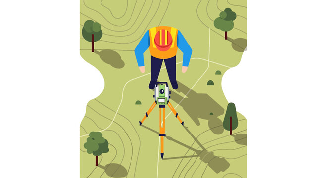 Surveyor with Total Station on Topographic Map, Top View, Surveying Land