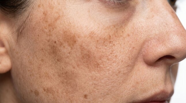 Close up of woman cheek with skin hyperpigmentation and brown spots 