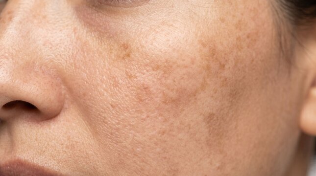 Close up of woman cheek with skin hyperpigmentation and brown spots 