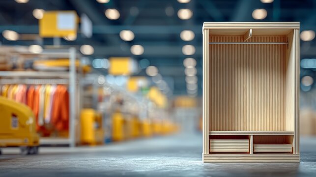 Modern empty wooden wardrobe with drawers in bright retail store interior