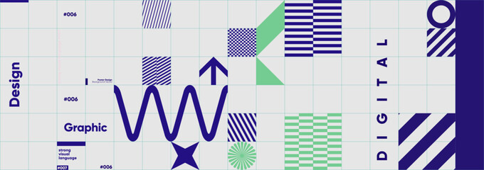 Abstract geometric design featuring bold blue and green patterns on a grid layout. The composition includes arrows, stripes, and various shapes, creating a modern visual language. © Molibdenis-Studio