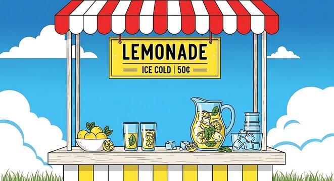 Colorful vintage lemonade stand with drinks and cups.