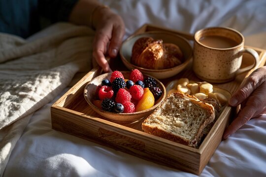 Hands placing breakfast tray with fruit and coffee on white bedding