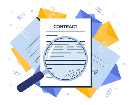 Flat design illustration featuring a contract document examined under a magnifying glass, surrounded by envelopes and paper clips. Concept of legal agreement and review.