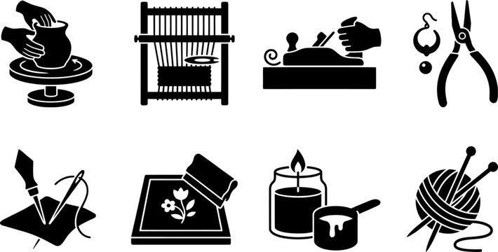 Handicraft and DIY creative process icons set silhouette graphic