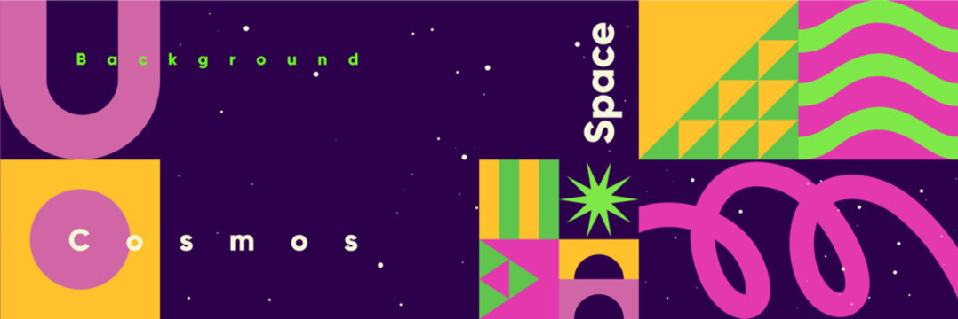 Colorful abstract design featuring geometric shapes and vibrant colors against a dark background. The composition includes text elements and cosmic motifs, creating a dynamic visual experience.