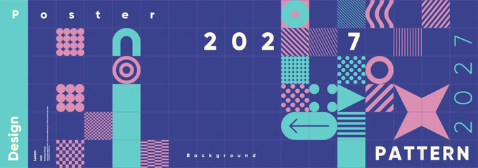 Fototapeta premium Geometric poster design featuring bold patterns and vibrant colors. The layout includes various shapes and typography, creating a modern and dynamic visual appeal.