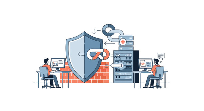 Healthcare Data Security Illustration: IT Specialists Protecting Medical Records and Patient Privacy with Firewall and Shield
