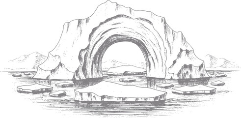 Archway iceberg in a cold arctic sea with floating ice chunks © Milon