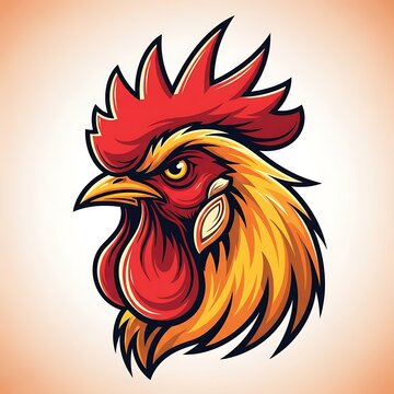 Vibrant red rooster with colorful feather details illustration.