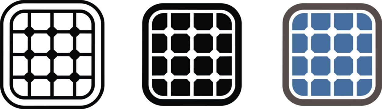 Solar panel icons set, eco-friendly energy solution with square grid cells, available in outline, solid, and colored styles and renewable clean and gr