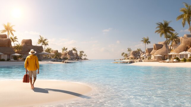 Man walking on pristine white sand beach near tropical huts with palm trees