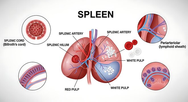 Detailed anatomical diagram of human spleen structure.