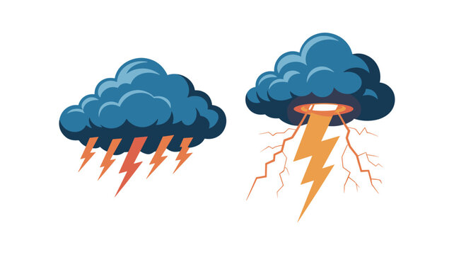 Stormy Weather: Two menacing dark clouds unleashing bolts of lightning, one with rain and the other with a fiery glow emanating from within, symbolizing intense weather phenomena.
