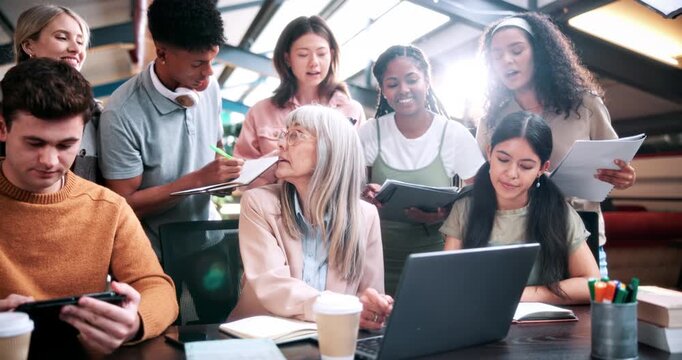 Speaking, students or teacher with laptop on campus, course support or explain project for knowledge. Education, lecturer or people with tech for college assignment, writing notes or tips for essay