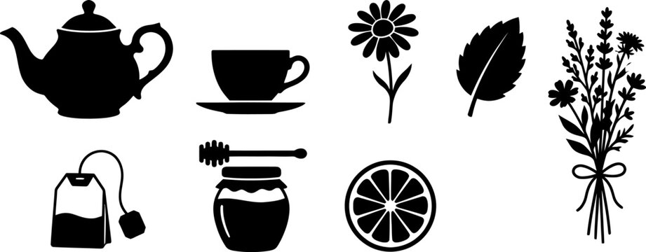 Tea time and relaxation vector icons for beverages and comfort