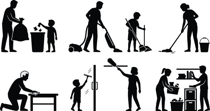 Silhouette of people cleaning and household chores, family activities silhouettes
