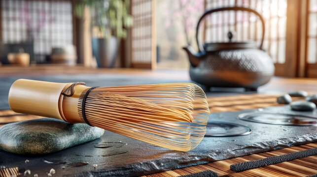 Bamboo Whisk Resting Diagonally on Smooth Stone Surface in Tea Room