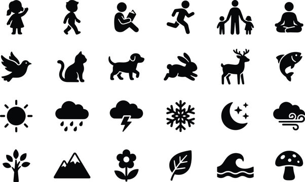 Black silhouette of people, animals, weather, and nature on white background, black silhouettes children