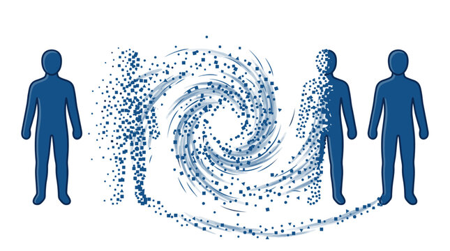 Blue human figures dissolving into particles.