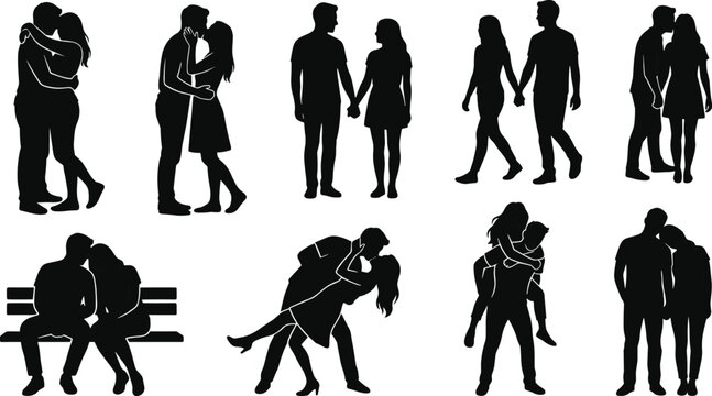 Silhouettes of couples in various romantic poses and interactions black white background