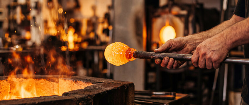 Skilled glassblower shapes glowing molten glass on a blowpipe over a roaring furnace in a workshop, capturing craftsmanship, heat, and traditional artisan technique