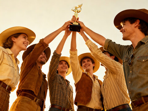 Group of cowboys celebrating with trophy outdoors
