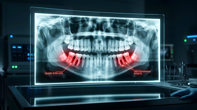 Panoramic dental x-ray showing severe bone loss and pockets