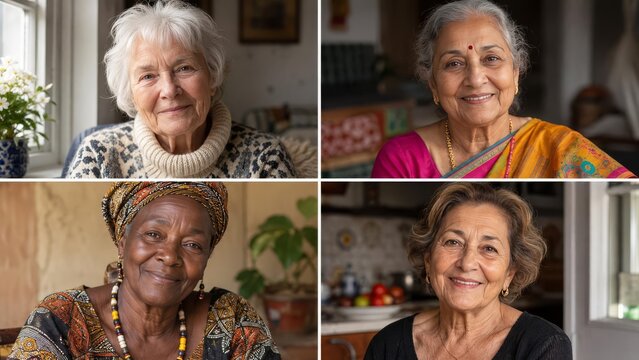 Collage of Elderly Women from Around the World in Cozy Interiors