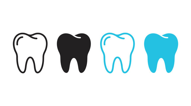 Minimalist set of four professional tooth icons featuring clean black and blue flat vector design