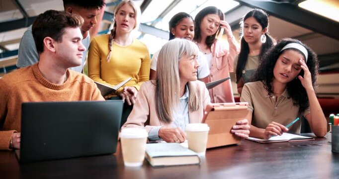 Woman, students and sad with tablet at college with results, achievement or group with mistake. People, professor and frustrated with tech, application and announcement for exam at university hall