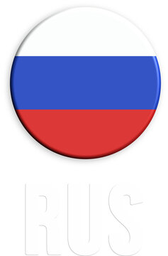 Circular russian national flag icon with white text rus label, matte glossy finish. Suitable for patriotic designs, national holidays, or cultural events.