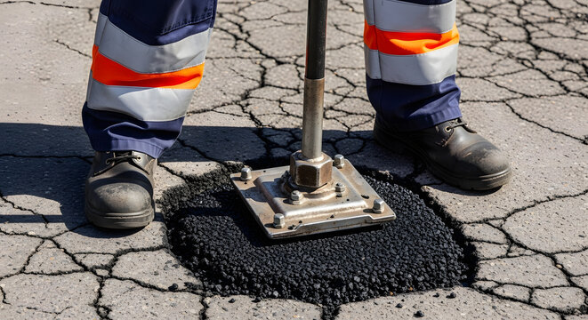 Professional road repair worker filling a pothole with fresh asphalt | Manual tamping tool used for pavement maintenance | Infrastructure development and street fixing | Construction worker site
